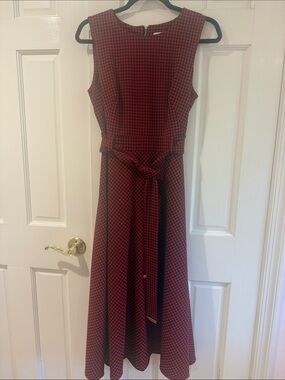 Calvin Klein Red & Black Houndstooth Midi Dress with Tie